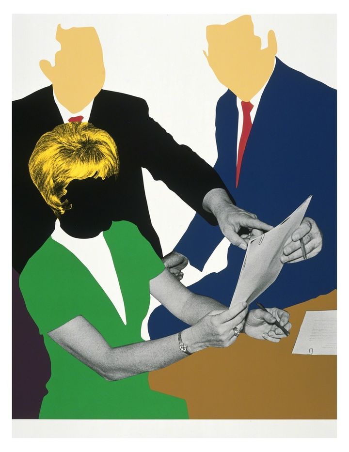 John Baldessari, THREE GOVERNMENT PERSONNEL CONSIDERING AND/OR DECIDING, 2008, 11-color screenprint