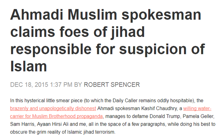 <p>Robert Spencer has written at least three full articles trying to smear by vocal criticism of Islamophobia as support for “Islamic Jihadist terrorism.” </p>