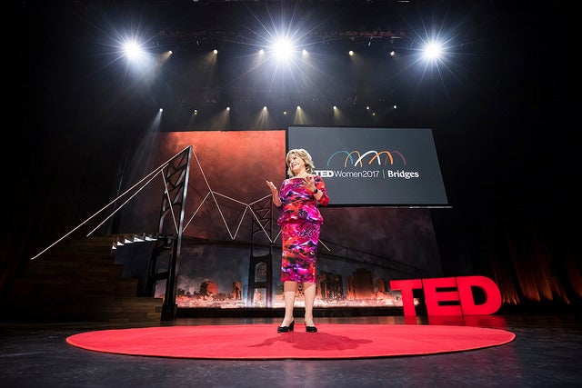 Host Pat Mitchell speaks at TEDWomen 2017 — Bridges, November 1-3, 2017, Orpheum Theatre, New Orleans, Louisiana. 