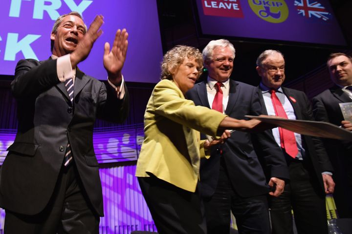 Hoey alongside Nigel Farage at the final 'We Want Our Country Back' rally before the EU referendum last year.