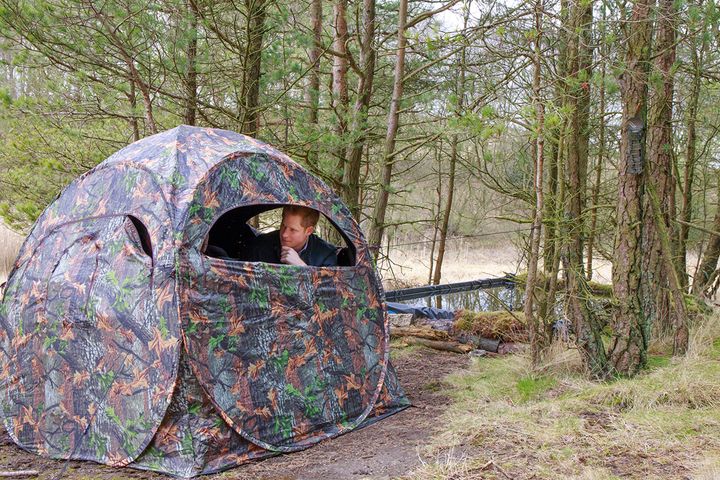 Hide in a tent in the woods, just like Prince Harry is demonstrating beautifully here with wildlife trust patron Conrad Dickinson.