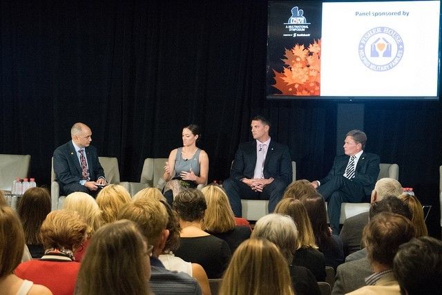 April & Jay Graham George W. Bush Military Service Initiative fellow Miguel Howe moderates a panel with Army Captain Mason Heibel, Staff Sergeant Elizabeth “Ellie” Marks, and Fisher House Founder/CEO Kenneth Fisher.