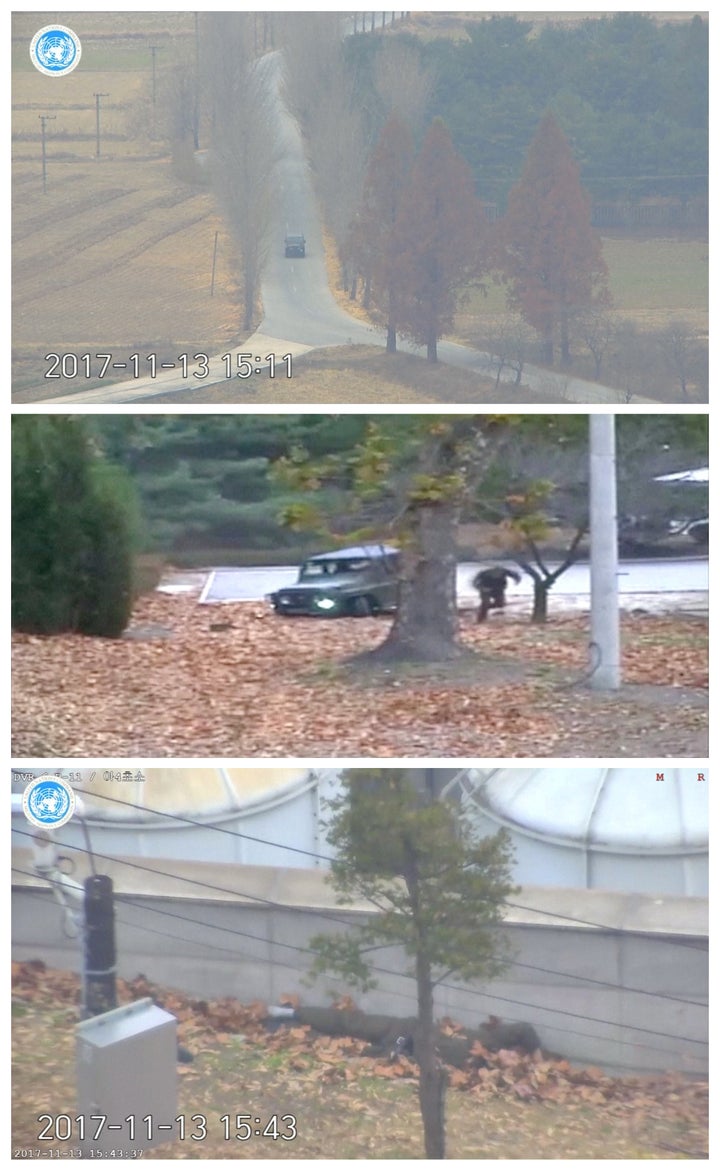 The North Korean soldier is seen driving a military vehicle towards the southern border (top) before abandoning his vehicle (