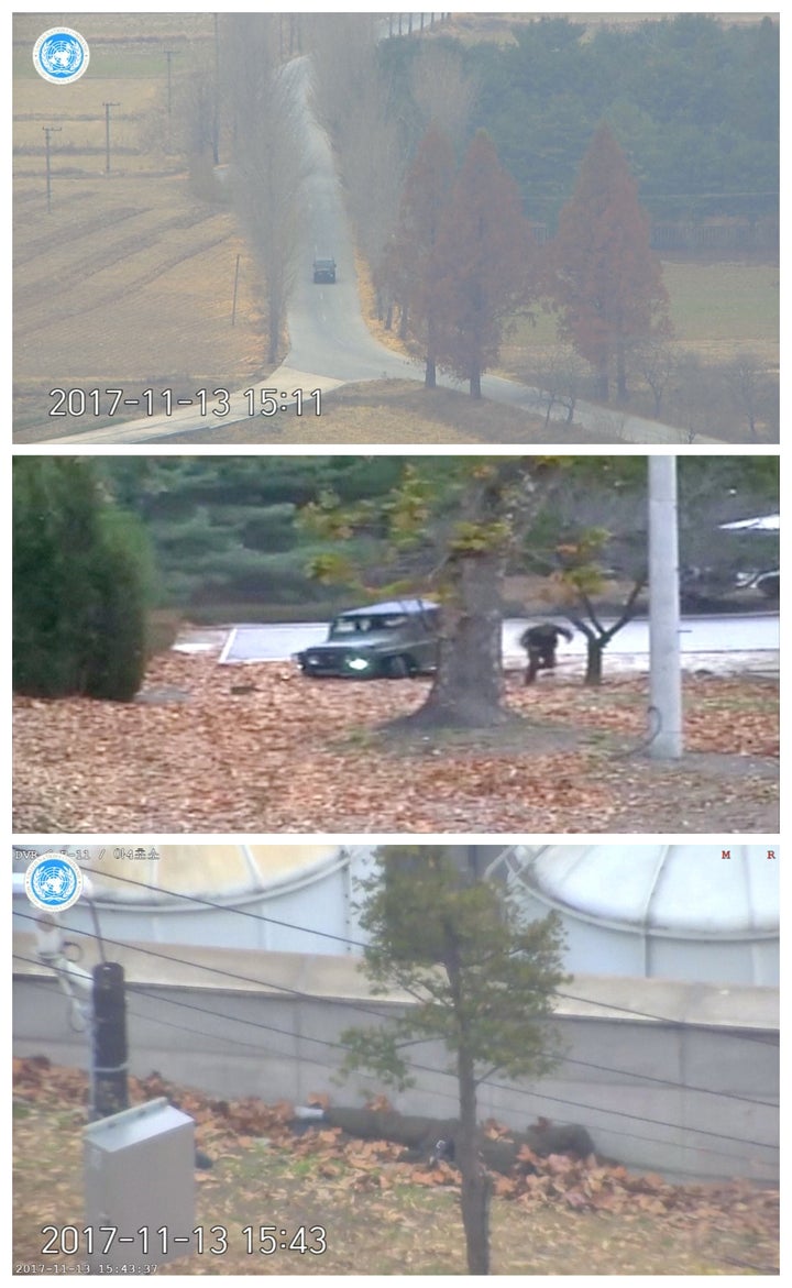 The North Korean soldier is seen driving a military vehicle towards the southern border (top) before abandoning his vehicle (center) and making a run for it and getting shot (bottom).