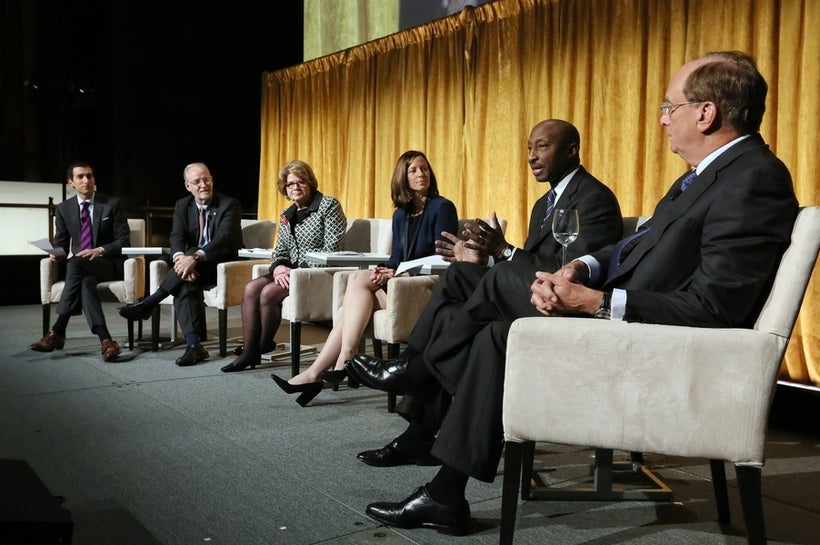 Andrew Ross Sorkin, Kendall J. Powell, Beth Mooney, Adena Friedman, Kenneth C. Frazier, Laurence D. Fink