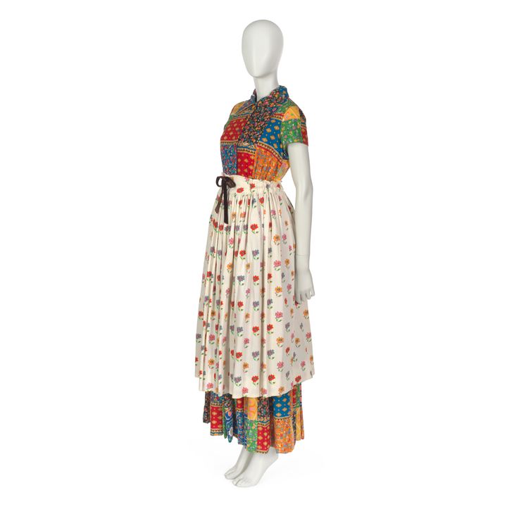 <p>Geoffrey Beene for Beene Bazaar. Dress of cotton patchwork with striped and printed overskirt, 1968-1969. Museum of the City of New York. Gift of Ms. Suzanne Slesin, 1998. </p>