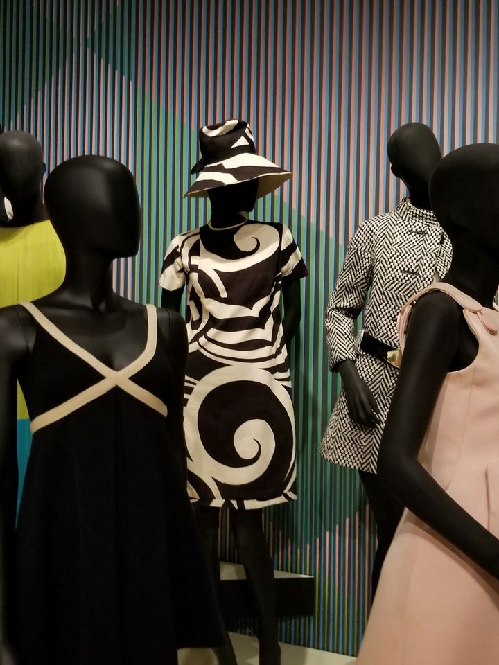 Lto R: Lent by the Museum at FIT, Gift of Gabriele Knecht; MCNY, Ruby Bailey “Swirl” dress and hat of crash linen printed in swirls and arabesques, 1965-67, Gift of the Estate of Ruby Bailey, 2004; MCNY, Gift of Mrs. Walter B. Delafield, 1972; MCNY, Gift of Mrs. Ann Ellis, 1972.