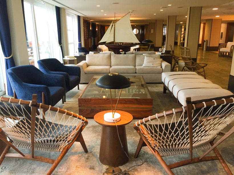 The lobby at Gurney’s Newport boasts a playfully nautical theme.