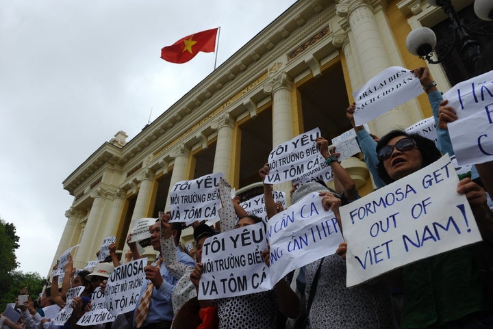 Vietnamese protesters demonstrate against Taiwanese conglomerate Formosa during a rally in downtown Hanoi on May 1, 2016.