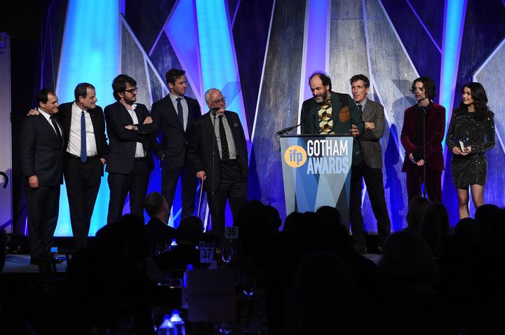 Director Luca Guadagnino, along with the cast and producers of "Call Me by Your Name," accepts a Gotham Award on Nov. 27, 2017.
