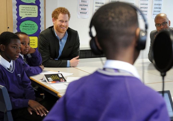Prince Harry attends a lyrical writing class during a meeting with teachers and tutors during a visit to the Full Effect and Coach Core programmes at Nottingham Academy in February this year. The two projects supported by The Royal Foundation work to improve opportunities for young people.