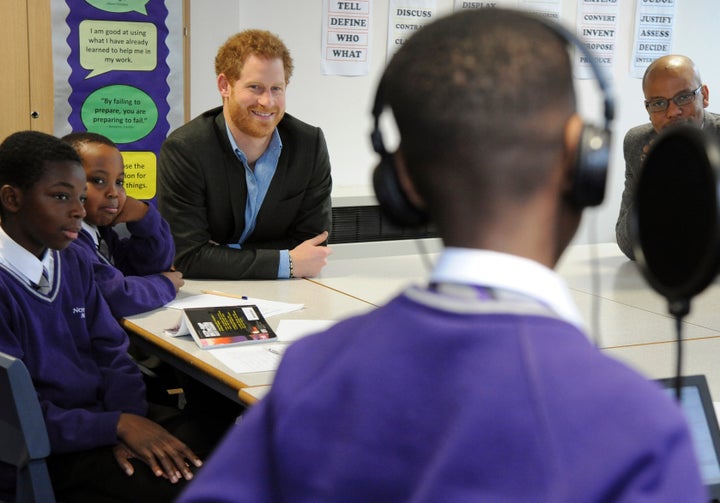 Prince Harry attends a lyrical writing class during a meeting with teachers and tutors during a visit to the Full Effect and Coach Core programmes at Nottingham Academy in February this year. The two projects supported by The Royal Foundation work to improve opportunities for young people.