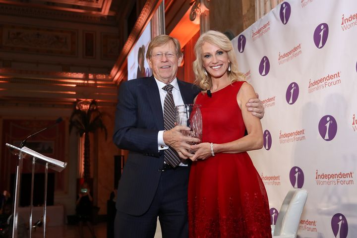 <p>Ted Olson, Partner at Gibson Dunn, presents the IWF Woman of Valor Award to <a href="https://www.huffpost.com/news/topic/kellyanne-conway">Kellyanne Conway</a>, Counselor to the President and IWF Board Member. </p>