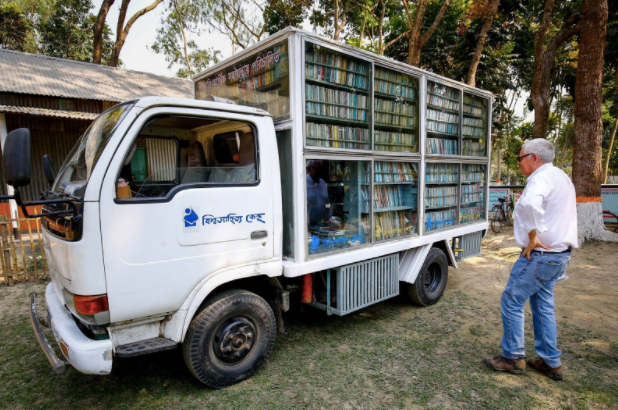 The bookmobile, providing resources for reading and enrichment (FCAB provides the newspapers)