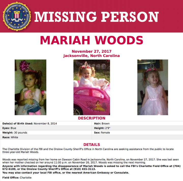 An online FBI poster for Mariah Woods, a missing three-year-old.