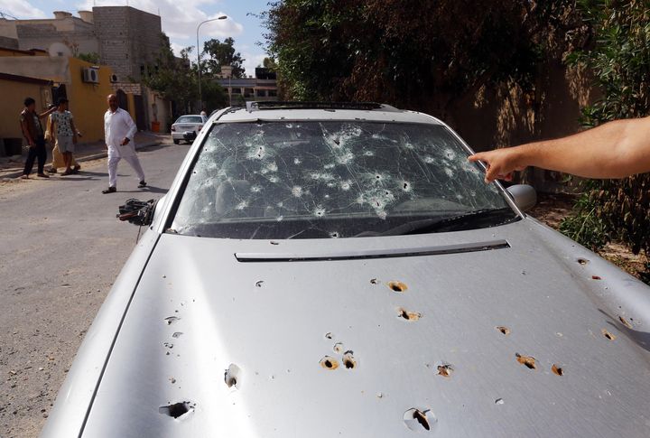 A bullet-ridden car in Sabratha on Libya's coast last month