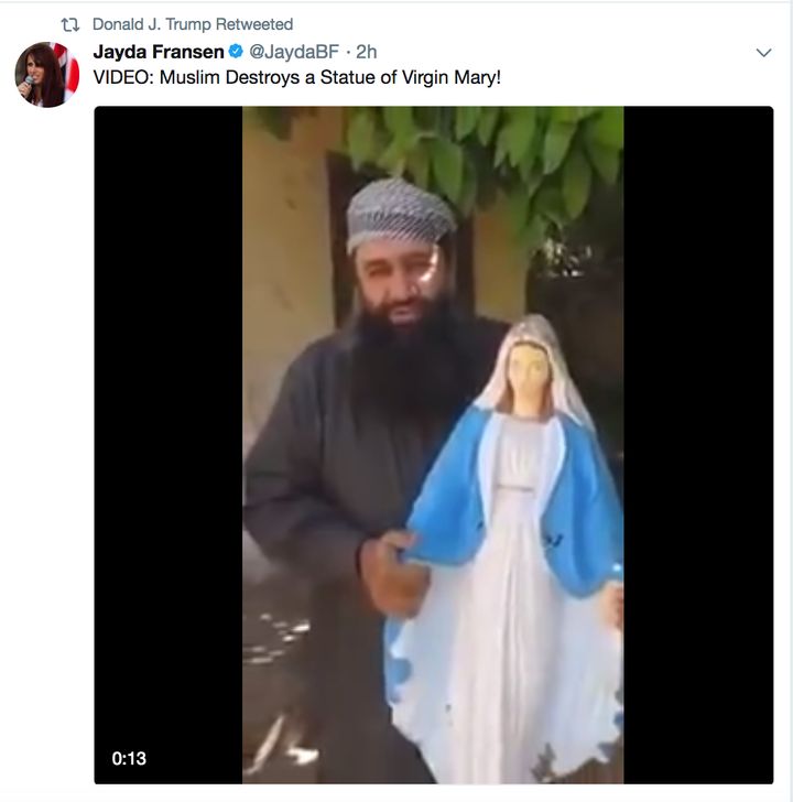 An image from one of the videos retweeted by Donald Trump appears to show a man destroying a Virgin Mary statue