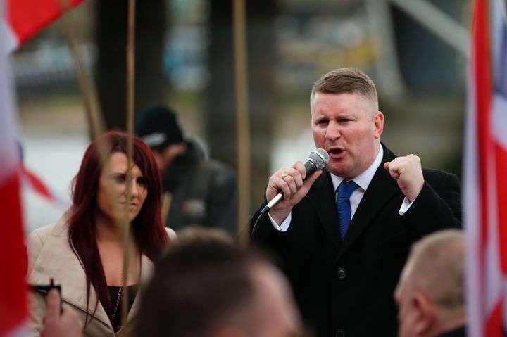Jayda Fransen and Paul Golding during a march in London on April 1, 2017