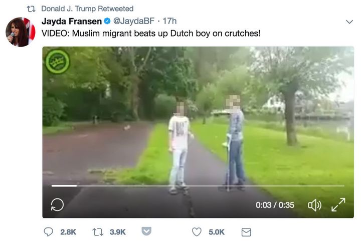 One of the videos shared by Fransen claimed to show a Muslim migrant