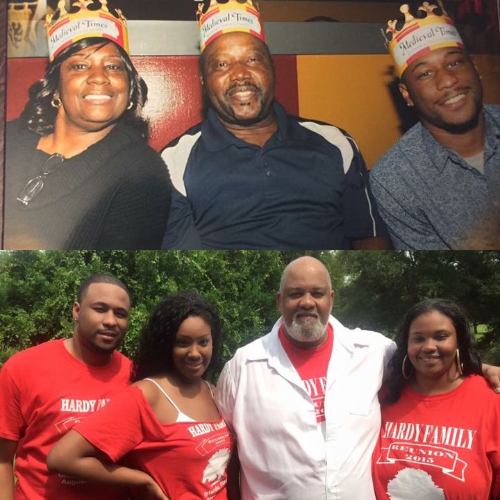 The Blended Family: Top Row: L-R: Jason with his mother, Wanda Sloan, and his stepfather, George Sloan, Sr.); Bottom Row: L-R: Jason with his sister Nakia Hardy, his Dad James Hardy and his sister Precious Hardy