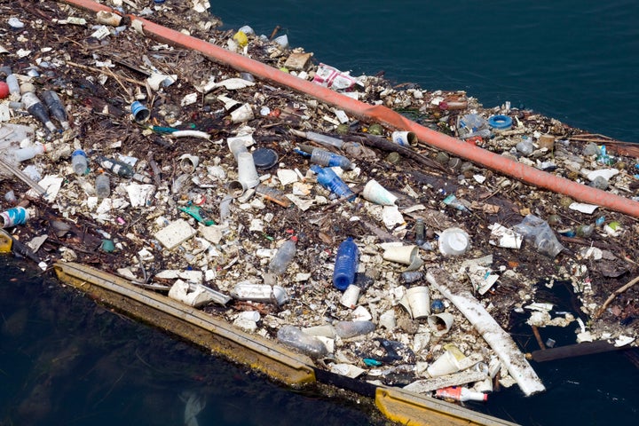 Plastic waste and other garbage collected in Los Cerritos Channel, a tributary of the San Gabriel River.