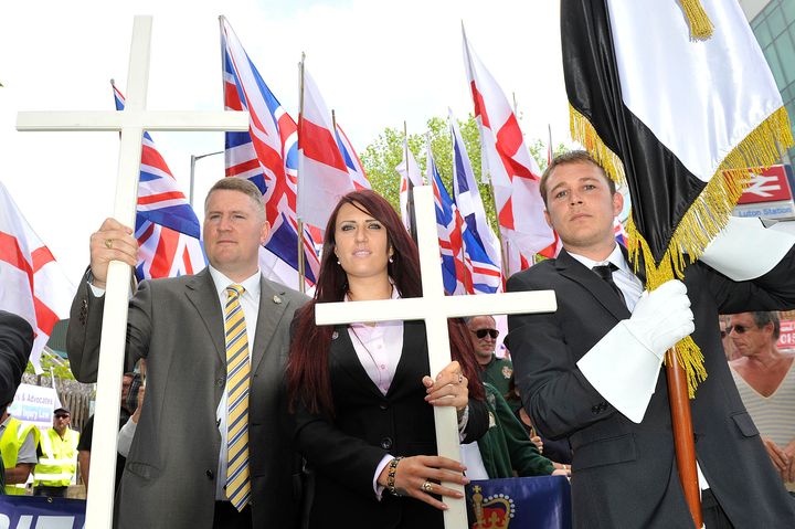 Britain First leader Paul Golding and deputy Jayda Fransen on a march in Luton.