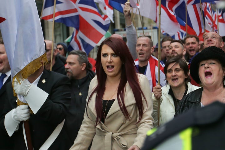 Jayda Fransen, deputy leader of the far-right organization Britain First, participates in a march in central London on April 1, 2017.