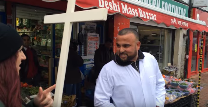 Fransen brandishes a cross on a 'Christian patrol' in Luton, taken from a video Britain First filmed