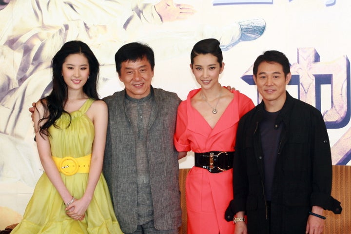 Actors Jet Li, Jackie Chan and Liu Yifei at the premiere of "The Forbidden Kingdom" in 2008.