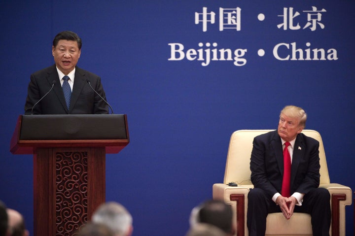 Chinese President Xi Jinping at a business leaders event in Beijing attended by U.S. President Donald Trump on Nov.