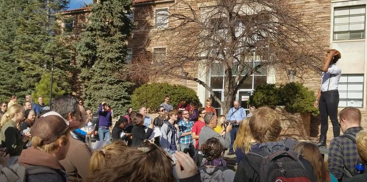 Graduate students, faculty, and school administrators at the #SaveGradEd #GradTaxWalkOut rally at CU Boulder