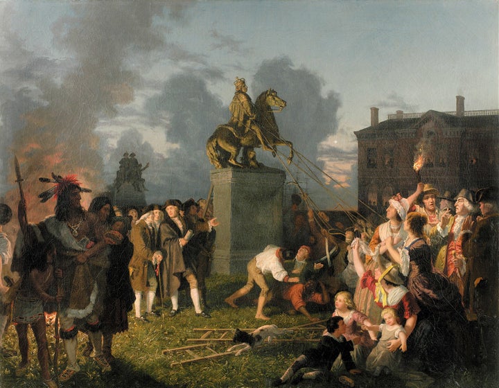 New Yorkers tearing down a lead statue of King George III on Bowling Green. It was melted to make musket balls.