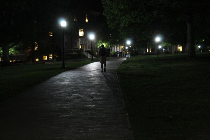 In the evenings, the lights aligned to the walkways in Polk Place turn on.