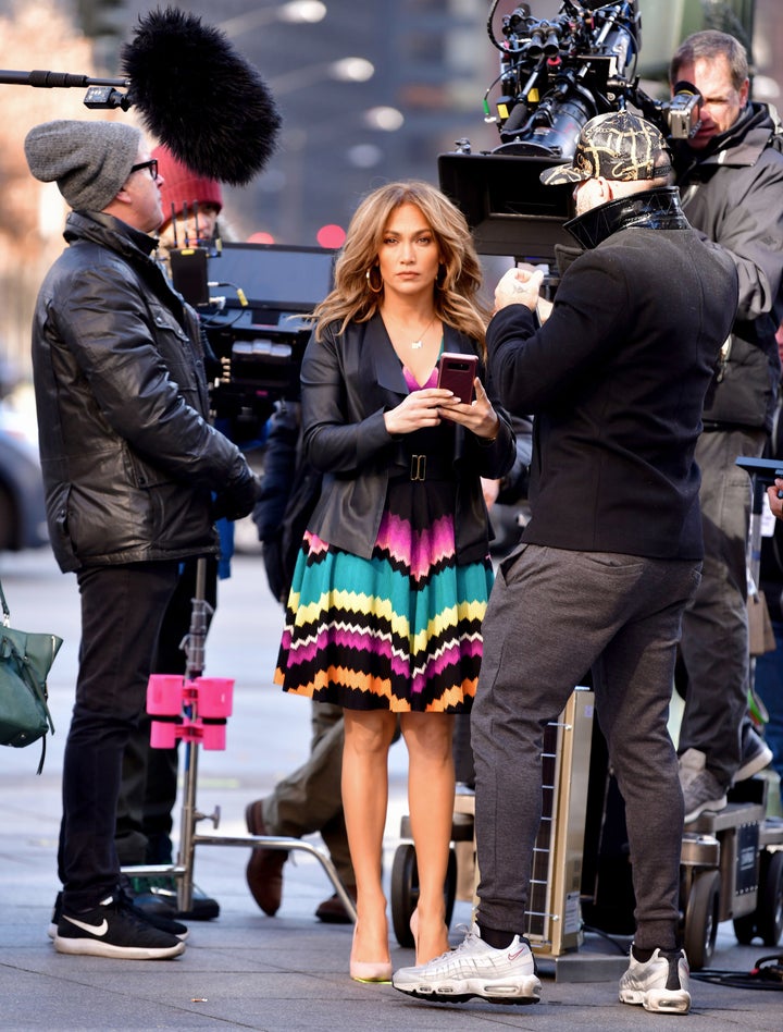 Jennifer Lopez seen on location for 'Second Act' at the World Trade Center on November 28, 2017 in New York City.