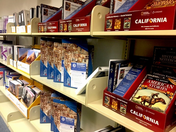 New history and social studies texts and materials from various publishers are on display at the Santa Clara County of Offic