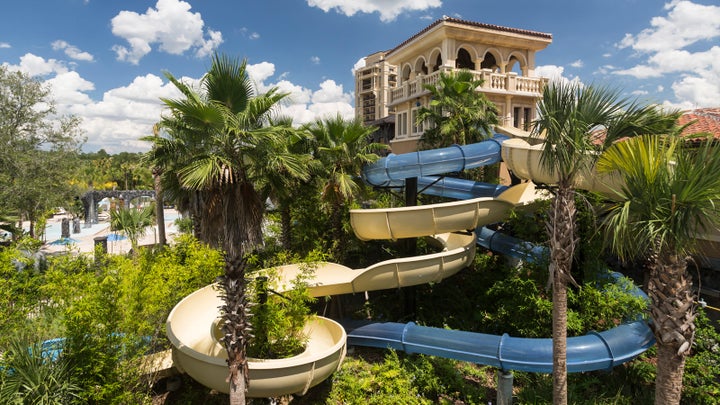 <p>The five pool areas at the Four Seasons Orlando resort include an adults-only pool, family pool, lazy river, and these two water slides.</p>