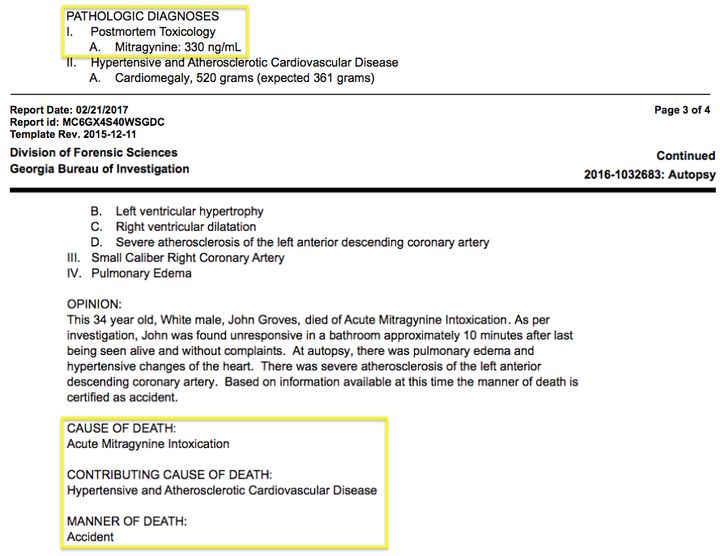 A screenshot of John Grove's autopsy report, saying he died of "acute mitragynine intoxication."