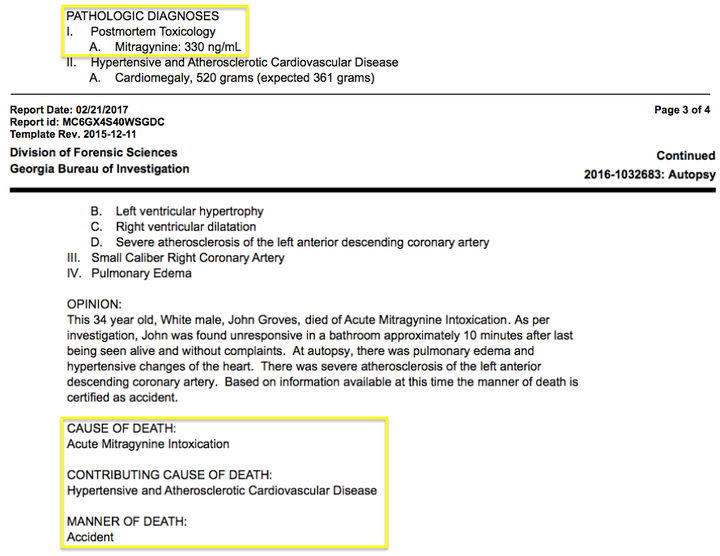 A screenshot of John Grove's autopsy report, saying he died of "acute mitragynine intoxication."