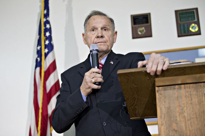 Roy Moore, Republican candidate for U.S. Senate from Alabama, pauses while speaking during a campaign rally in Henagar, Alabama, on Monday.
