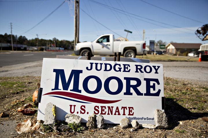 A campaign sign for Roy Moore, Republican candidate for U.S. Senate from Alabama, stands in Centre, Alabama, U.S., on Monday,