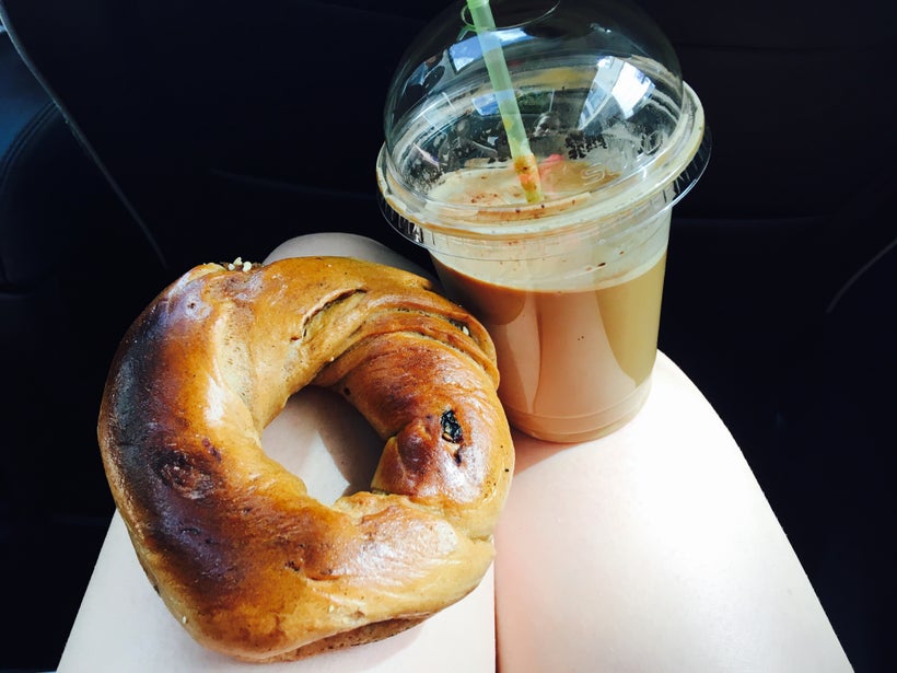 St-Viateur raisin bagel and iced mocha.