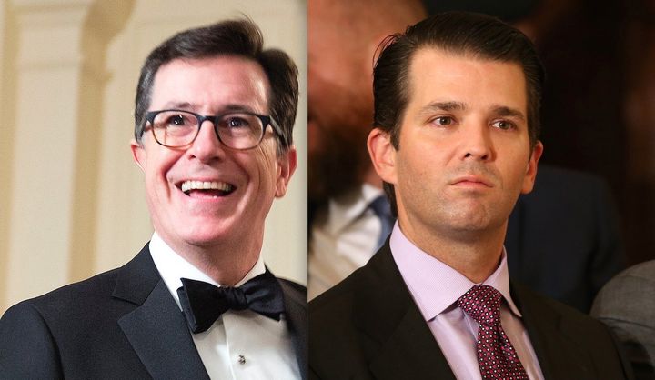 Stephen Colbert, left, roasted Donald Trump Jr. over an old tweet on sexual harassment. 