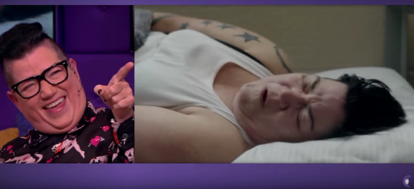 Lea watches one of her OITNB scenes as a guest on a Late Night TV show.