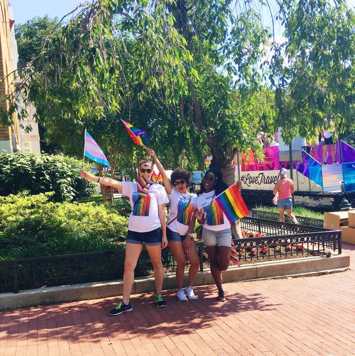 Jenna Boyer (centered) with two friends at the 2017 Capital Pride Parade, sponsored by Marriott #LoveTravels