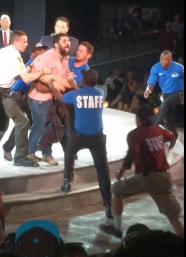 Sal Cipolla rushes the stage at a Shakespeare performance in Central Park on June 18, screaming, "Goebbels would be proud!"