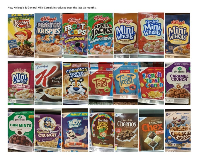 A sampling of new “kids’ cereals” introduced by major manufacturers in 2017