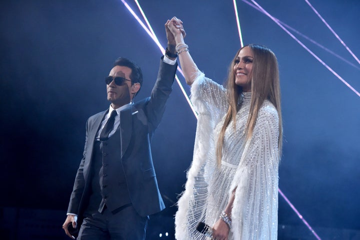 Marc Anthony and Jennifer Lopez perform onstage during The 17th Annual Latin Grammy Awards at T-Mobile Arena on Nov. 17,