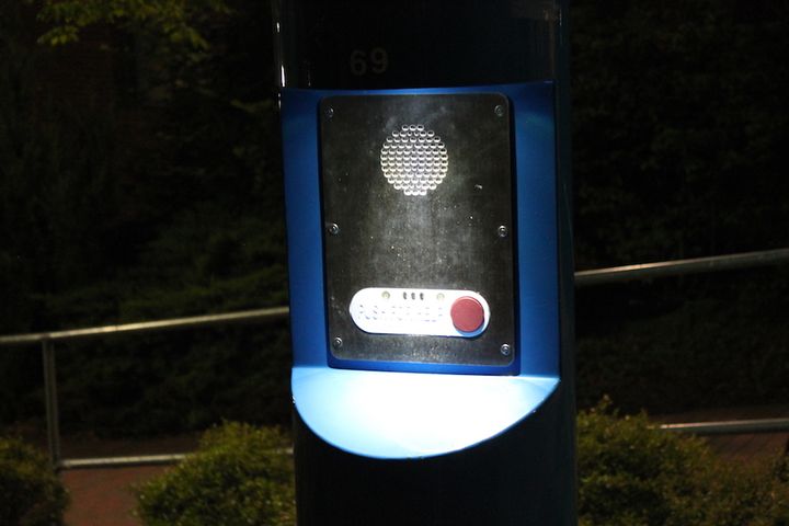 Blue call boxes are located around campus to report emergencies or suspicious behavior. When the button is pressed, the Department of Public Safety will respond even if no one speaks. 