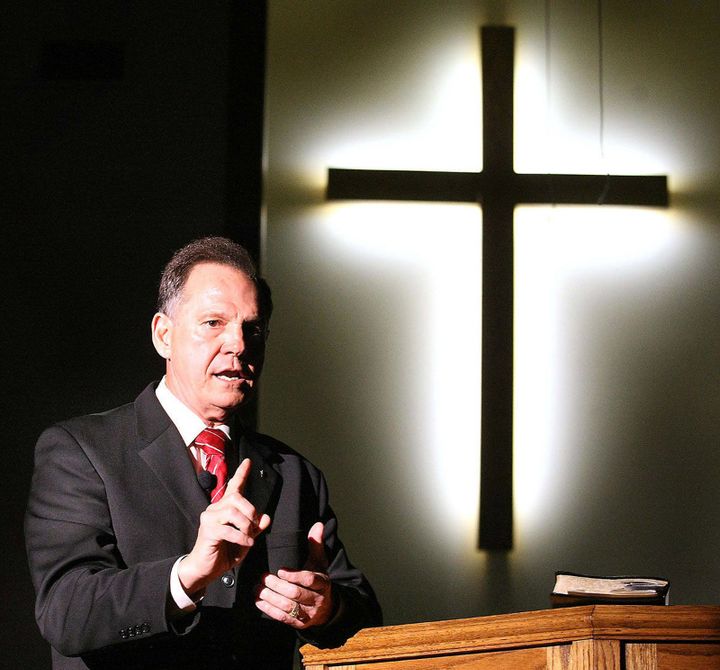 Moore speaks at Angel Grove Baptist Church in Jacksonville, Alabama.