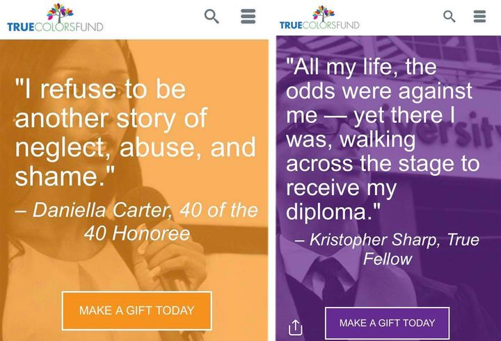 Screenshots taken from the True Colors Fund website in October of 2017 soliciting donations with images and quotes from Daniella Carter (left) and Kristopher Sharp (right). 